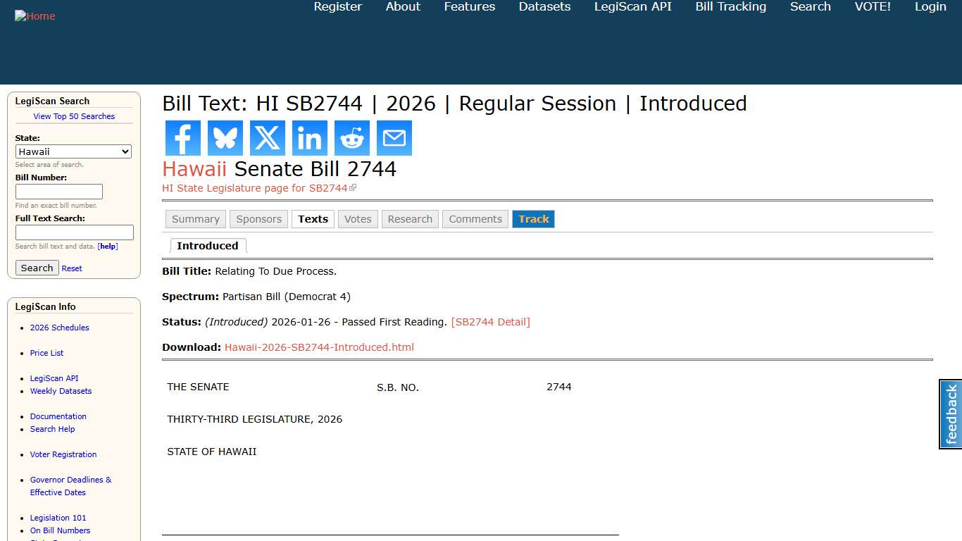 Bill Text: HI SB2744 2026 Regular Session Introduced LegiScan