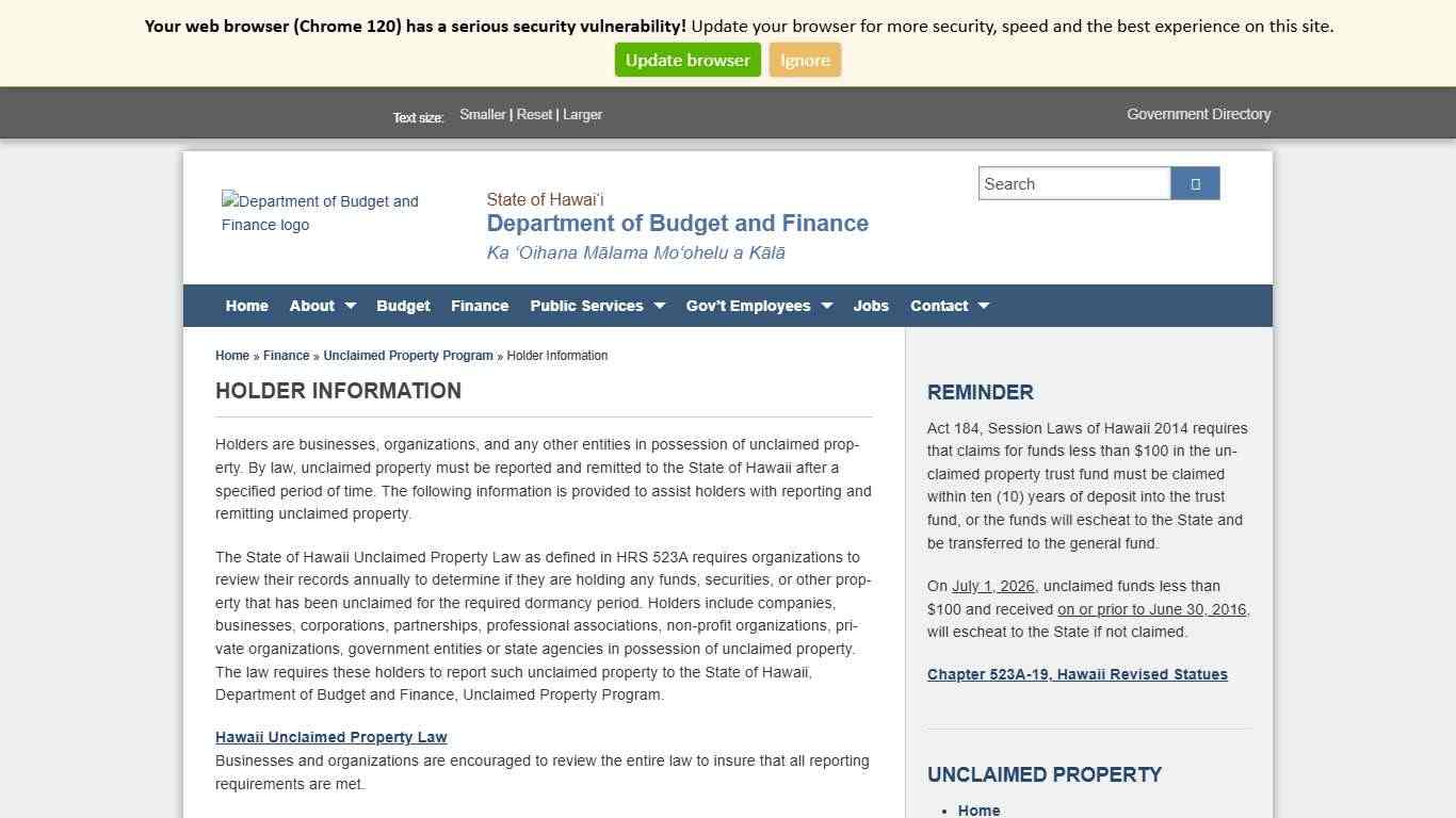 Department of Budget and Finance Holder Information